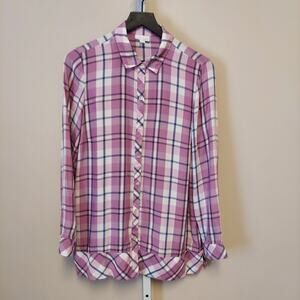 J. Jill Long Sleeve Tunic Top M Purple Plaid Button Up Classic Modest Preppy